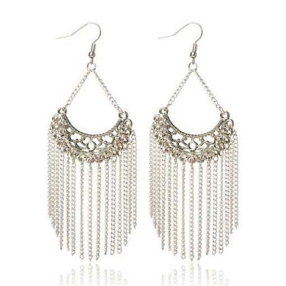 Austrian Crystal Long Earrings with Silver Chain Accents Clear - Picture 1 of 4